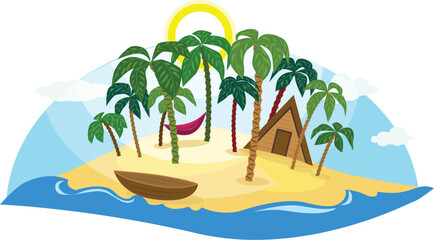 Cartoon tropical island with palms, bungalow, hammock and boat surrounded by blue ocean waves under the shining sun