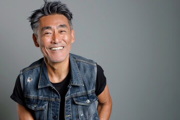 Obraz premium Portrait of a cheerful asian man in his 60s wearing a rugged jean vest in front of soft gray background