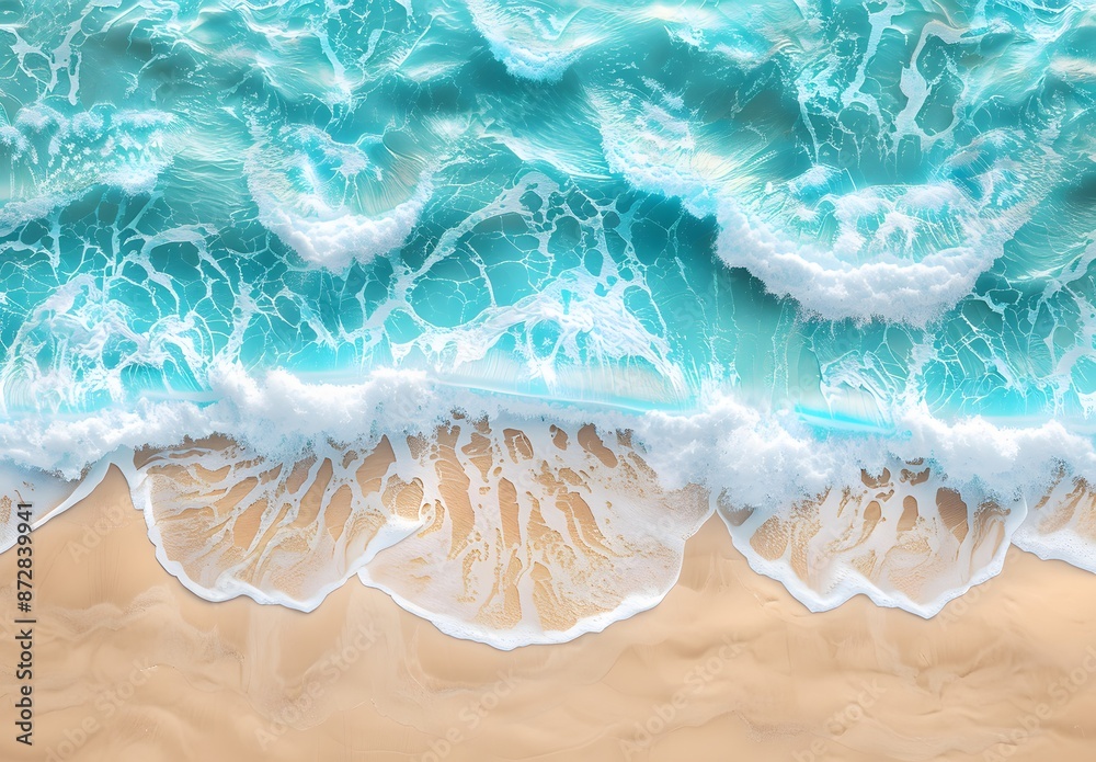 Sticker Aerial View of Turquoise Waves Crashing on Sandy Beach