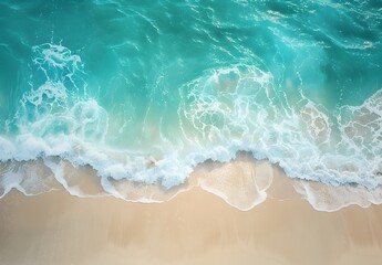 Aerial View of Turquoise Ocean Waves Crashing on Sandy Beach