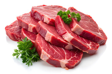Fresh raw red meat slices, can be cooked and grilled on white 