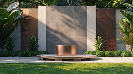 Luxurious house lawn, podium with chic flair, striking billboard mockup. Modern colors for elite events.