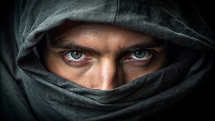 Fototapeta premium Dark mystery unfolds in a tight frame focusing on striking gray eyes above a covered nose and mouth on a black backdrop.