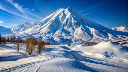 Snow-capped alpine mountain slope with ski tracks and snowbanks, set against a clear blue sky in Kamchatka, Russia.