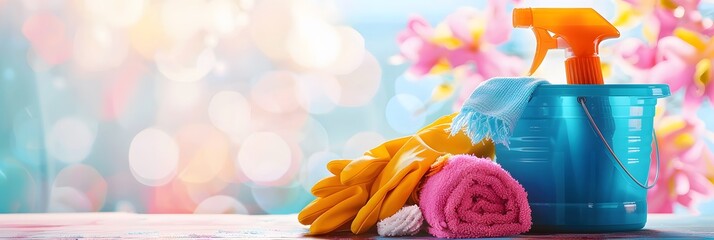 Colorful Cleaning Supplies On Wooden Table