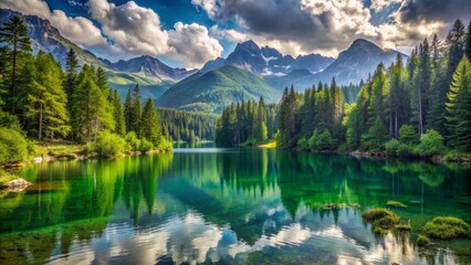 Fototapeta premium Serene landscape of lush green forest surrounded by majestic mountains and pristine lake, exemplifying nature's beauty awaiting human conservation.