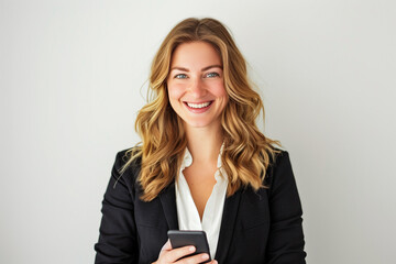 Smiling young businesswoman with blonde hair holding a smartphone, wearing a black blazer and white shirt.