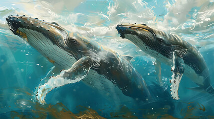 Two humpback whales swimming in the sea, paintings, Oil painting style