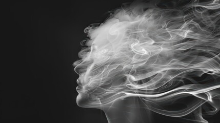 Dark, ethereal portrait of woman dissolving into smoke, high contrast, monochrome, artistic expression, soft focus