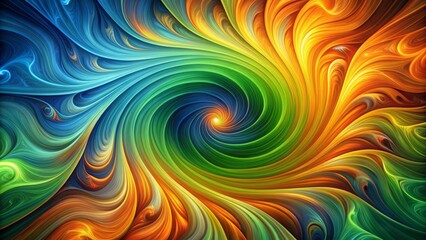 Obraz premium Vibrant swirling abstract desktop background featuring energetic orange, lime green, and deep blue hues blending in mesmerizing harmony.