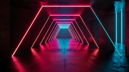A minimalist composition of geometric neon shapes casting vivid hues against a stark black background, reminiscent of a cyberpunk dreamscape.