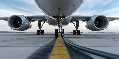 Obraz premium Closeup photo of commercial airplane being refueled with hose attached. Concept Airplane Refueling, Commercial Aircraft, Close-up Shot, Refueling Hose, Transportation Industry