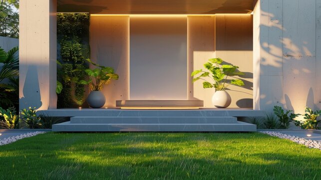 Luxurious house lawn, podium with modern design, eye-catching billboard mockup. Refined color palette for elite gatherings.