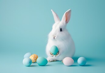 Cute Fluffy Bunny Holding Easter Egg Pastel Background