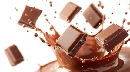 Chocolate bars splashing in liquid chocolate, highspeed capture, isolated on white background, vivid brown tones