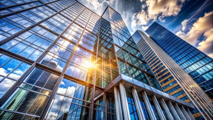 Naklejka premium Contemporary sleek glass and steel skyscraper facade with reflective windows and modern architectural design elements on a sunny day background.