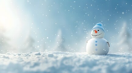 Smiling Snowman in Winter Landscape with Snowfall