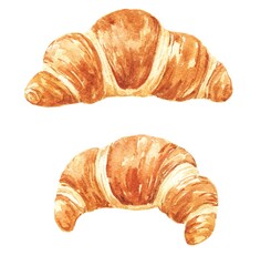 Two croissants isolated on white watercolor food illustration 