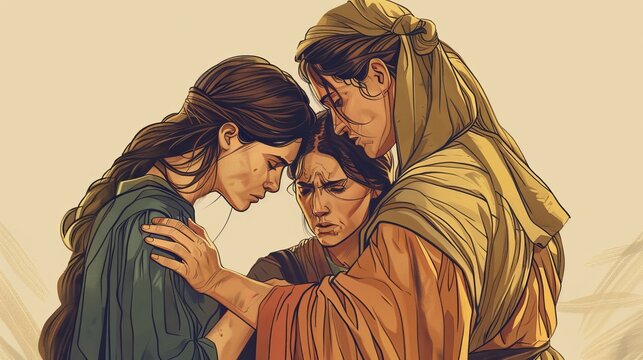 Ruth,Naomi Loses Her Husband and Sons,Naomi Loses Her Husband and Sons, Biblical Illustration, Mourning and Decision with Orpah and Ruth, Beige Background with Copyspace