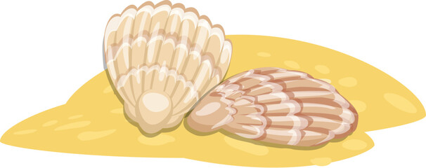 Two seashells lying on the sand, bringing back memories of summer vacation