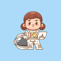 Cute girl astronaut with laptop kawaii chibi character mascot illustration outline style