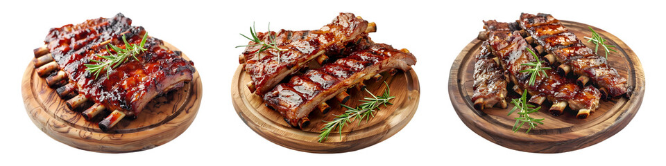 Grilled pork ribs on wooden board on transparent background