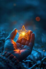 A hand holding a glowing star, low-key, elaborate background.