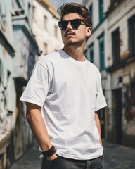 Dark-haired man in sunglasses and white shirt stands confidently in city alley