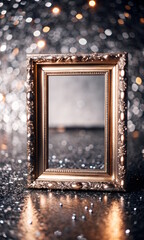 Golden Glowing Empty Frame, Festive glitter background, copy space.