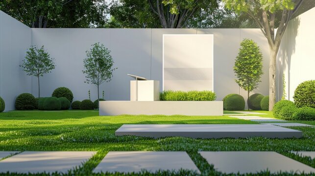 Lavish lawn with modern podium, eye-catching billboard mockup, and sophisticated colors. Ideal for upscale events.
