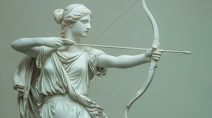 Statue of greek goddess artemis with bow and arrows isolated on neutral background. greek deity in marble