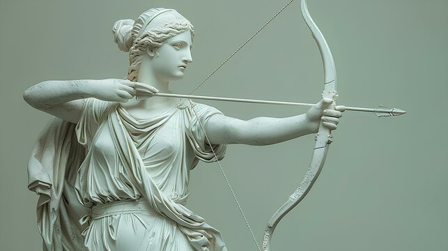 Statue of greek goddess artemis with bow and arrows isolated on neutral background. greek deity in marble