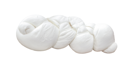 Braided buffalo mozzarella cheese, freshly isolated on a transparent background