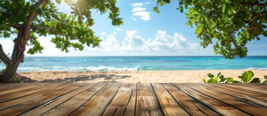 Serene Wooden Deck with Blurred Beach and Ocean View, Tranquil Seaside Backdrop.