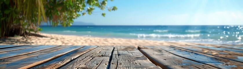 Fototapeta premium Tranquil Coastal Vibes - Serene Empty Wooden Planks with Blurred Beach and Sea Background