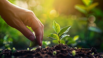 Fototapeta premium Nurturing New Life: Hand Holding Young Plant Amid Sunlit Greenery