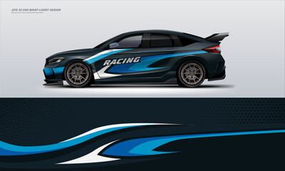 Fototapeta premium Sporty Racing Car wrap livery design black and red. vinyl sticker design in vector file. Racing Car sedan branding mockup with racing wrap decal or livery design