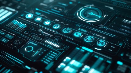 A minimalist tech interface with frosted glass panels in shades of blue and white, set against a dark background.