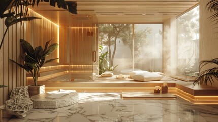 Luxurious Spa Experience: Modern Sauna in Elegant Setting