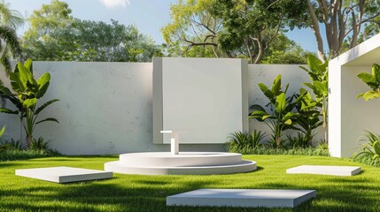 Lavish lawn with modern podium, eye-catching billboard mockup, and sophisticated colors. Ideal for upscale events.