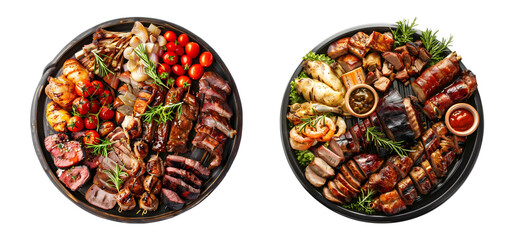 Barbecue catering platter with different variety of meats in black platter on transparent background