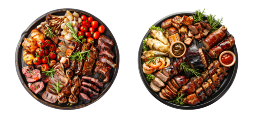 Barbecue catering platter with different variety of meats in black platter on transparent background