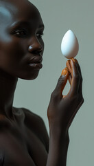 African female model balancing an egg shaped object on her fingertips, abstract surrealism, fashion photography