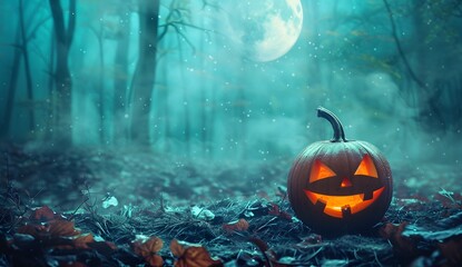 Naklejka premium Spooky Halloween Pumpkin in Foggy Forest