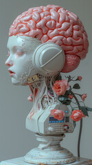 Bust sculpture of a hals Asian female with visible brain, human merging with computer technology concept, rose to symbolize nature