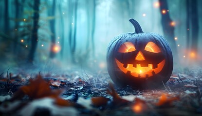 Fototapeta premium Spooky Halloween Pumpkin In Foggy Forest