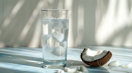 A clear glass of coconut water with a simple coconut piece beside it, on a plain, light background