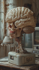 Anatomic model of a human skull and brain connected to a computer device, merging of human and computer intelligence, future of technology concept