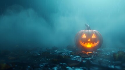 Naklejka premium Glowing Halloween Pumpkin in Foggy Forest