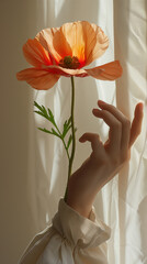 Large poppy flower emerging from a person's sleeve as if it grows from an arm, red flower and romantic bell sleeve